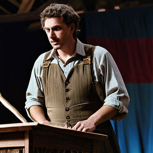 Brian, standing on a makeshift stage, his passionate speech encouraging the townsfolk, strength resonating through his words and into the hearts of the listeners.