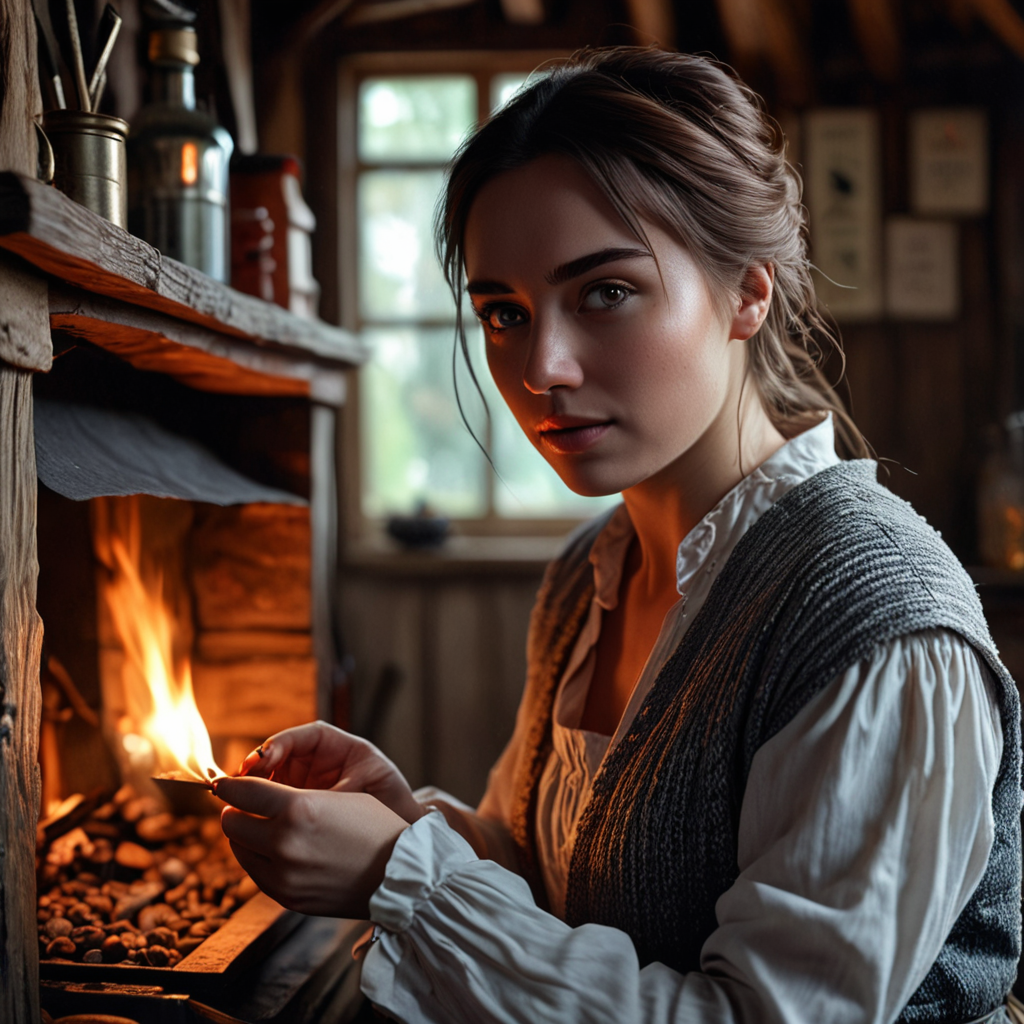 Eira is shown in her humble cottage, with a small flame dancing on her fingertips, her eyes reflecting curiosity and wonder.