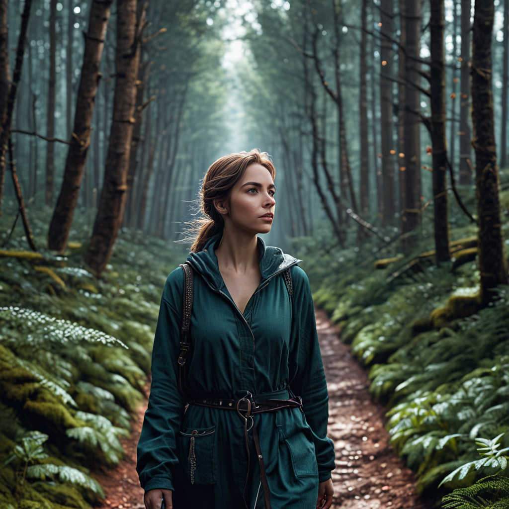 Eira is seen walking on a narrow path through the thick forest; her gaze is thoughtful as she feels the forest's magic thrumming in her veins.