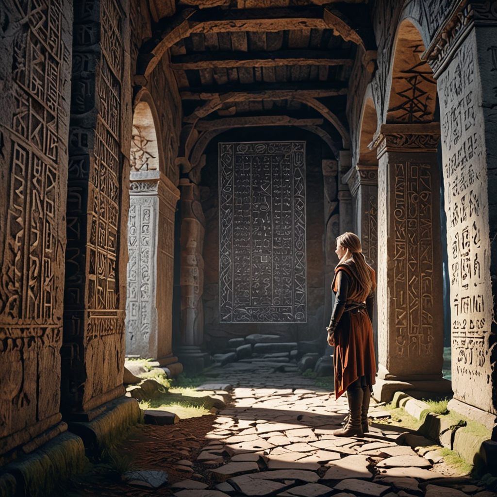 A wide shot of Eira standing in an ancient, weathered ruin, her touch making the runic inscriptions glow faintly as she peers at them with intense curiosity.