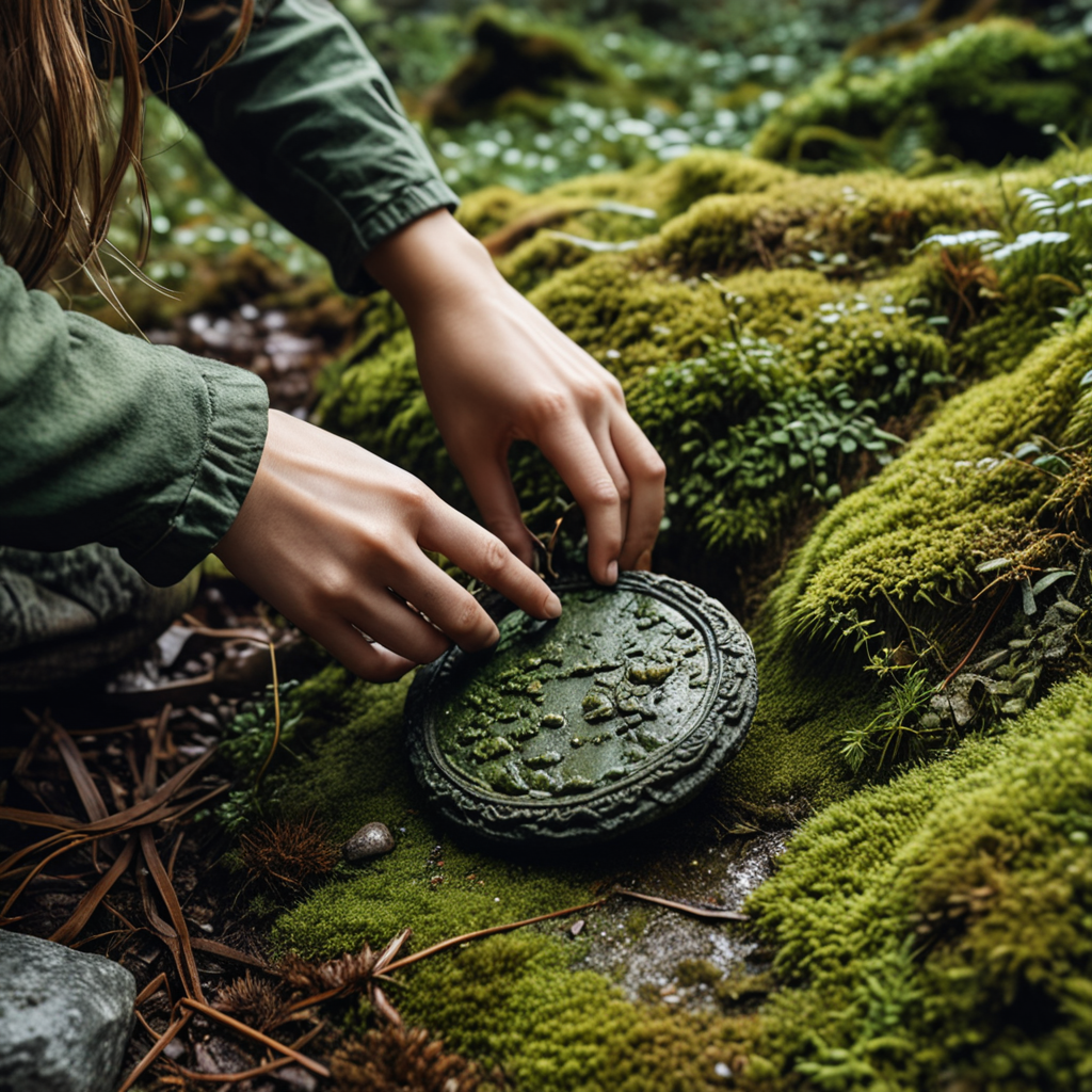 Eira bends over the crushed remains of an ancient stone structure, her hand reaching out to pick up a bronze pendant partially buried in the mossy ground.