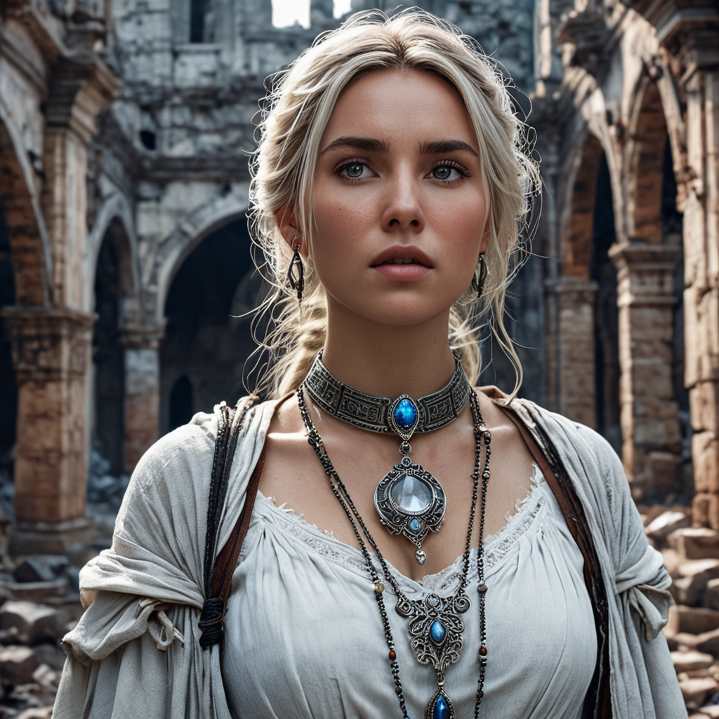 Eira, standing in the ruins, clutches the pendant around her neck, her eyes glazed over as if seeing something beyond the ordinary world.