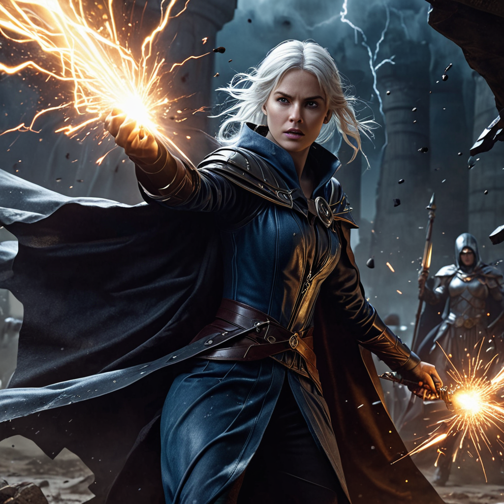 A ripple of images shows shadowy figures battling with magical energy, Merlin's stern face, and Eira herself shooting chaotic bolts of power amidst the battlefield.