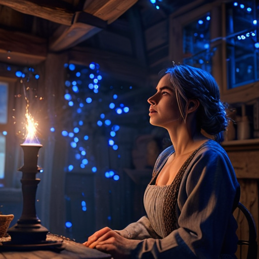 Eira is shown alone in her cottage, her hands clenched, trying to contain blue sparks flying from them, her face showing fear and frustration.