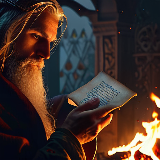 Nightfall around the flickering hearth fire; Myrddin, with an ancient scroll spread out, is narrating tales of Merlin's heroism to a wide-eyed Eira.