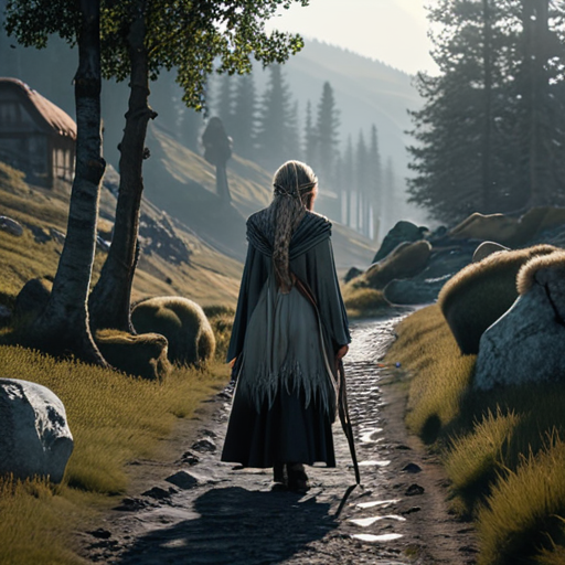 Eira, with Myrddin by her side, stands at the edge of her village, looking back one last time before stepping onto a less-trodden path leading into the ancient forest.