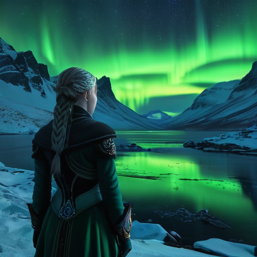 The sight of Eira's wide-eyed amazement as she steps onto the radiant shores of Avalon, the magical city shimmering beneath the ethereal northern lights.