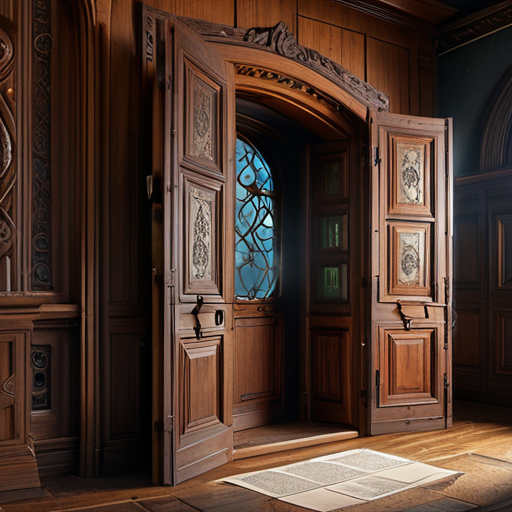 Eira opens a large, wooden door leading into Merlin's study, revealing a room full of parchments, magical artifacts, and an enchanting aura of untamed magic.