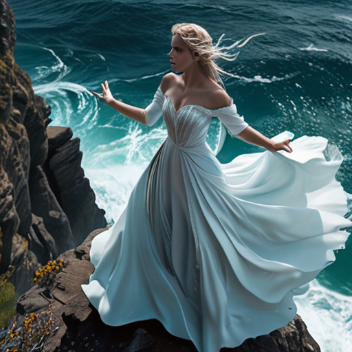 Eira stands tall on a cliff overlooking the sea, a controlled whirl of magic swirling around her hands, showing her growth and the realization of the looming threat in her eyes.