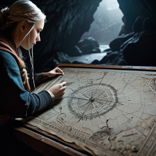 Eira studies an ancient map with Myrddin, her finger tracing the path to the ominous marker indicating the Inmost Cave.