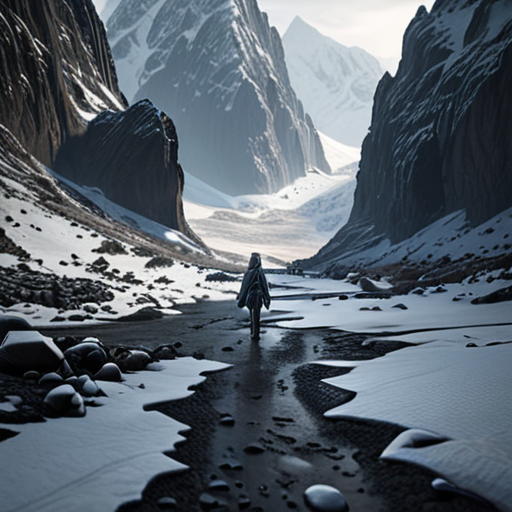 An aerial view of Eira, a tiny figure walking towards the foreboding mountains harboring the Inmost Cave, a testament to her determination and courage.