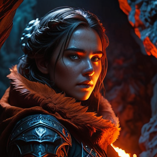 Eira stands at the cave entrance, her eyes reflecting the fiery glow of the magical beast deep within, her face set in a grim, determined expression.