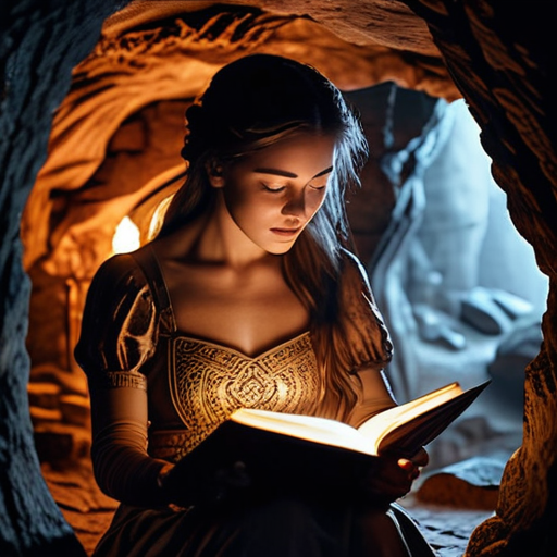 Eira kneels in the cave's treasure chamber, an antique, rune-embossed book open in her hands, her face glowing in the soft, magical light.