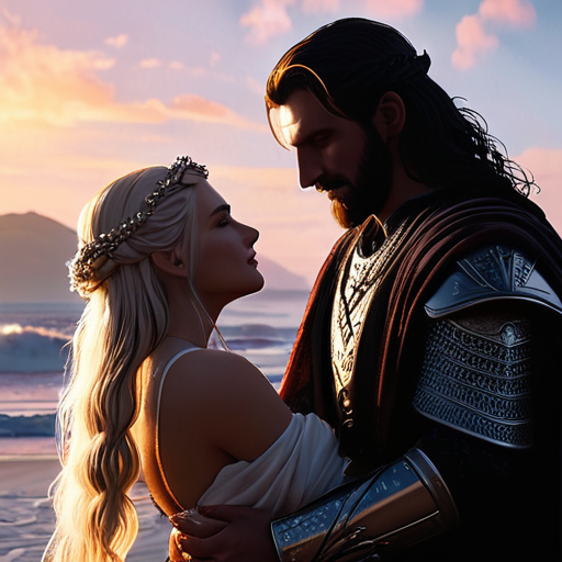 Myrddin greets Eira on Avalon's shores, his expression proud as he claps a comforting hand on her shoulder, Avalon city bathing in the light of a new day behind them.