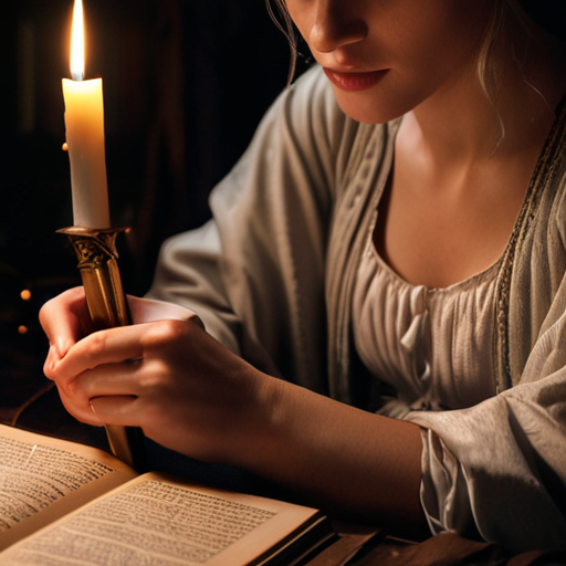 Eira studies by candlelight in Merlin's old study, her fingers tracing over Merlin's book, her face focused and determined.