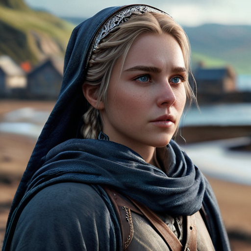 Eira stands on Avalon's shore, her eyes gazing back at her village visible in the far distance, her expression showing a mix of determination and concern.