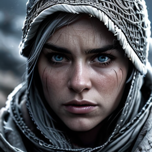 Eira enters her village, her eyes widening at the sight of the havoc wreaked by the dark force, her face reflecting a surge of fierce determination.