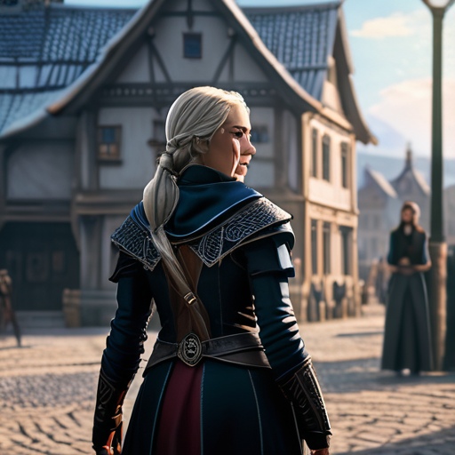 Eira stands alone in the village square, her staff raised high as she casts a powerful shield spell, the citizens of the village watching in awe from the protected perimeter.