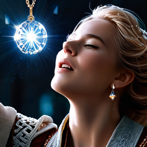 Eira raises her pendant towards the sky, a significant surge of radiant magic shooting out from it and engulfing the malevolent force, her face filled with relief and triumph.