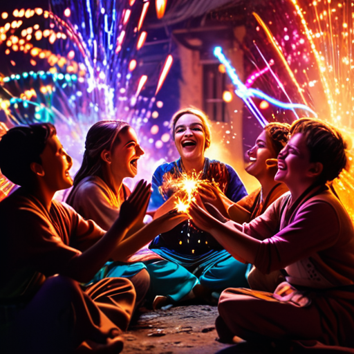 Eira sits with a group of young villagers, colorful sparks of early magic dancing above their hands, their faces showing awe and excitement.