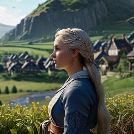 Eira stands at the edge of the village, looking at the serene view of Avalon far off, her face filled with peace and resolve, ready for whatever challenges the future holds.