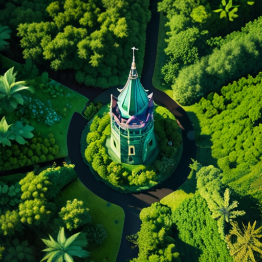 An aerial view of lush, green Avalon, with Merlin's iridescent tower rising from the center.