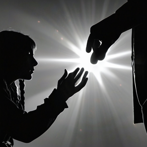 A silhouette of Merlin stretching out a hand towards Eira, ethereal light bathing them as he signifies her apprenticeship.