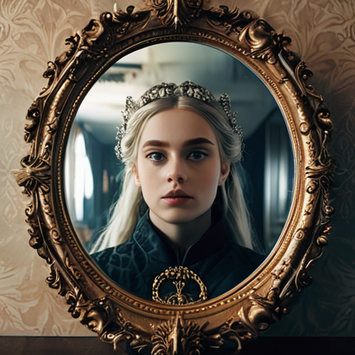 An ornate mirror reflecting images of magical battles, Eira's wide-eyed reflection overlain upon it symbolizing her newfound awareness of the war.