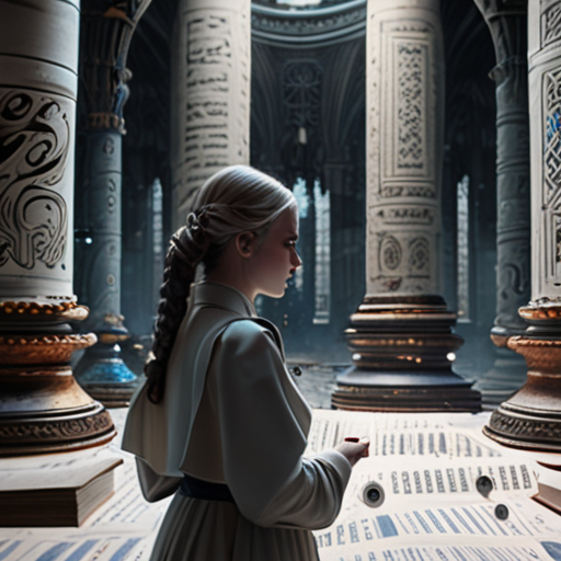 Eira, surrounded by towering stacks of parchment and scrolls, staring at a complex riddle as a holographic image of it hovers in the air.