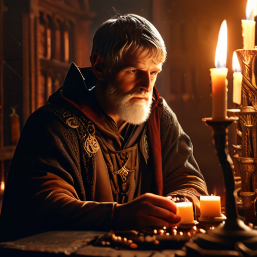 Merlin, bathed in the soft glow of burning candles, explaining the gravity of the prophecy to a distraught Eira.