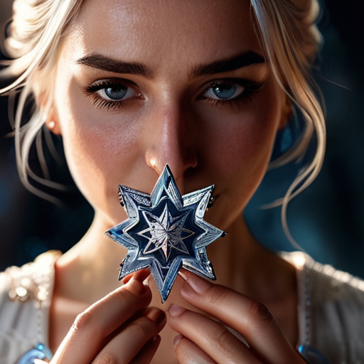 Eira holding the intriguing half-broken star amulet, its ethereal glow casting dancing shadows on her puzzled face.