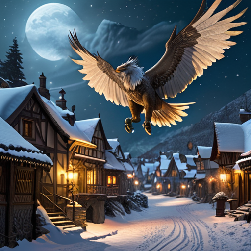 A picturesque scene of Avalon's village, blanketed under an unexpected cascade of snow while a majestic griffin soars in the moonlit sky, causing astonishment and fear among the villagers.