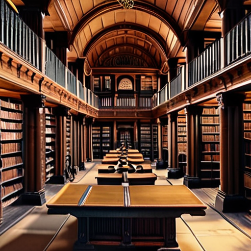 A panoramic view of the expansive Arcanum Library, filled with ancient books and scrolls, with Eira and Merlin at the entrance.