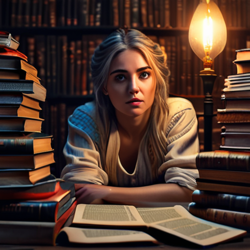 Eira sits amid a scattered pile of books, her eyes weary, a single lamp illuminating the texts sprawled before her.