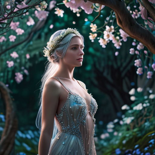 Lysandra, a radiant nymph, speaking to Eira in a grove of luminescent flowers, their soft light reflecting the seriousness of their conversation.