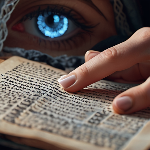 Eira's hand tracing over the ancient prophecy in the arcane text, her eyes wide with realization as she connects it to her vision.