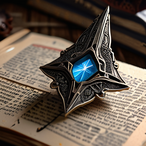 An ancient depiction of the Shard of Luminara in a weathered book, Eira's half-broken star amulet resting next to it, illustrating their resemblance.