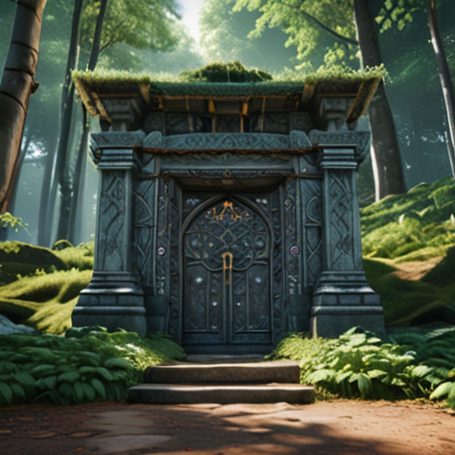 Eira standing before the hidden shrine, a giant stone door adorned with star symbols, nested within the lush forest.