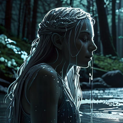 An elemental spirit, made of shimmering water, narrating the prophecy to a raptly listening Eira in the midst of a moonlit forest.