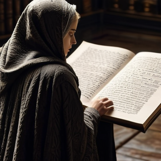 Eira reading the journal with a frown of confusion, cloaked figures in Merlin's court etched in the pages reflecting her rising suspicion.