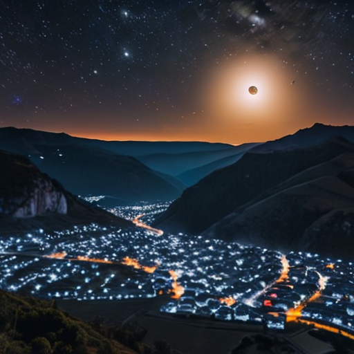 Bright, celestial bodies aligning in the night sky above Avalon, the village below in a state of chaos amidst the heightened magical activity.