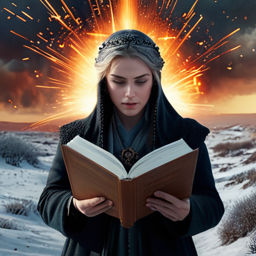 Eira, surrounded by an uncontrolled explosion of her magic, the ancient text with the deceptive code lying open nearby.