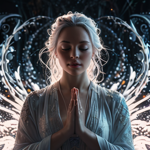 Eira meditating, her chaotic magic swirling peacefully around her, reflecting her internal acceptance and harmony.