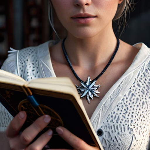 Eira, holding the journal and the star amulet, a pensive expression on her face as she makes the connection between the two.