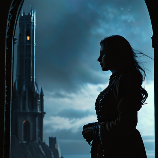 Eira, standing firm in front of Merlin's tower, her restored amulet glowing as a dark wave of Shadows crests over the horizon.