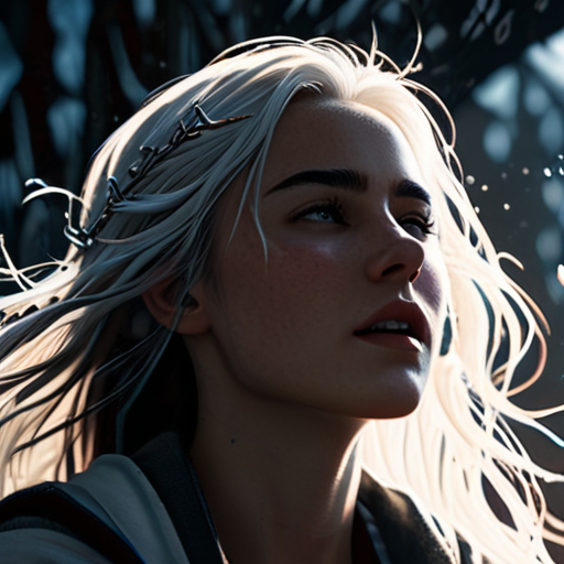 Eira, bathed in a radiant light of her own magic, facing the encroaching Shadows, her voice echoing through the chaos.