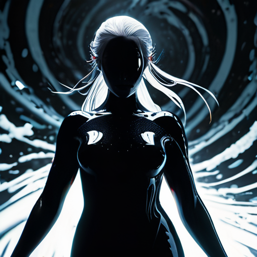 The menacing entity of the Void swirling around Eira, her form glowing defiantly amidst the black vortex.