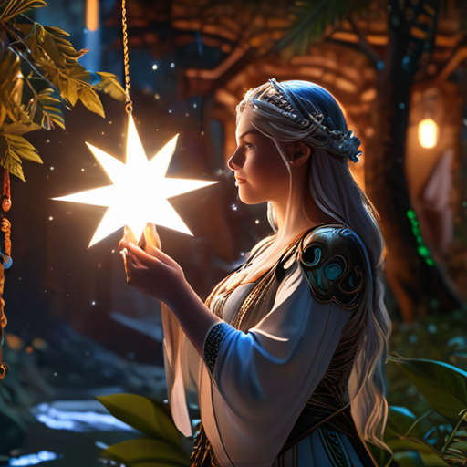 Eira, holding the glowing Star of Luminara, watching as Avalon vibrates with magical energy, the flora glowing and fauna frolicking in the magical surge.