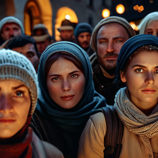 A gathered crowd in the village square, their faces illuminated with realization and respect as they look at Eira.