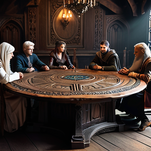 Eira, Merlin, and representatives of various factions engaged in a peaceful discussion around a round table, symbolizing unity.